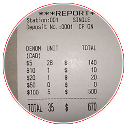 money counted showing on printed receipt